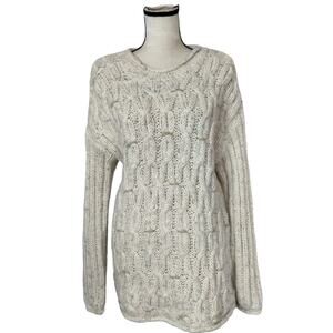 Limited Sz L Handknit Fisherman Chunky Cable Knit Sweater Angora Wool Blend